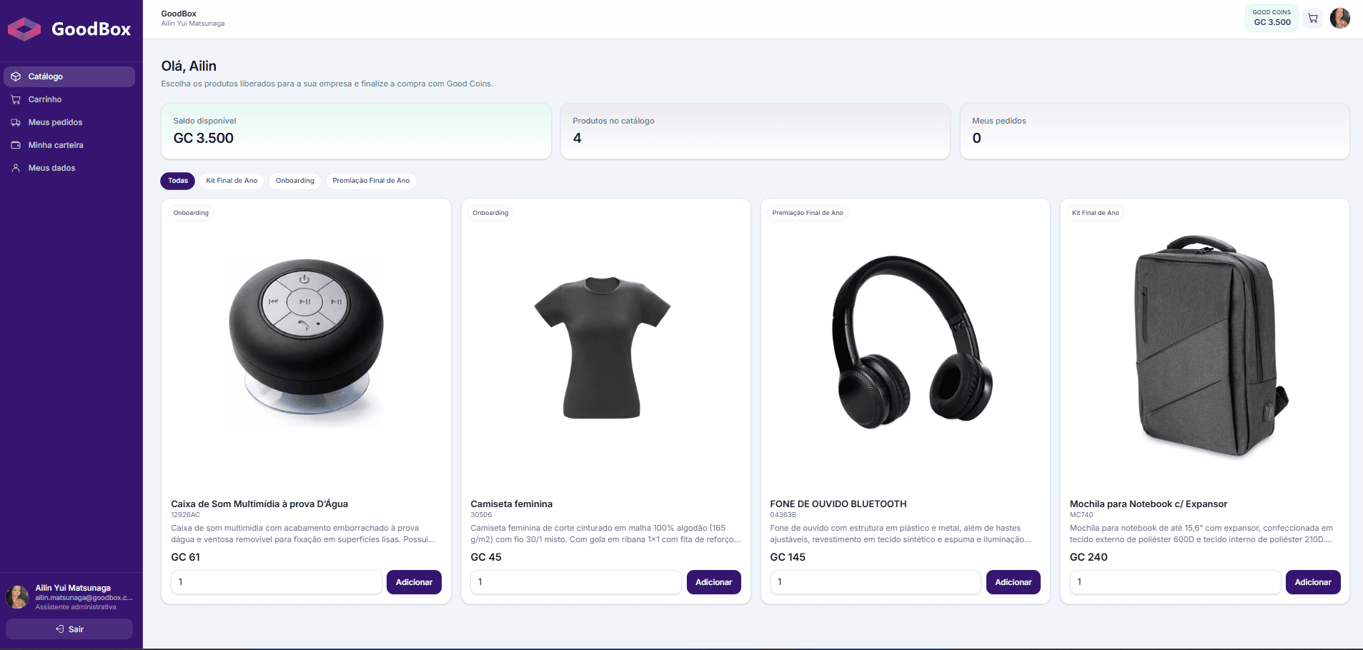 Tela da lojinha interna e plataforma de gerenciamento Club GoodBox — catálogo, carteira de créditos e pedidos